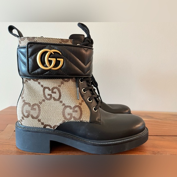 Gucci Logo EU 36 Print Canvas & Leather Combat Boots Booties - Picture 3 of 16